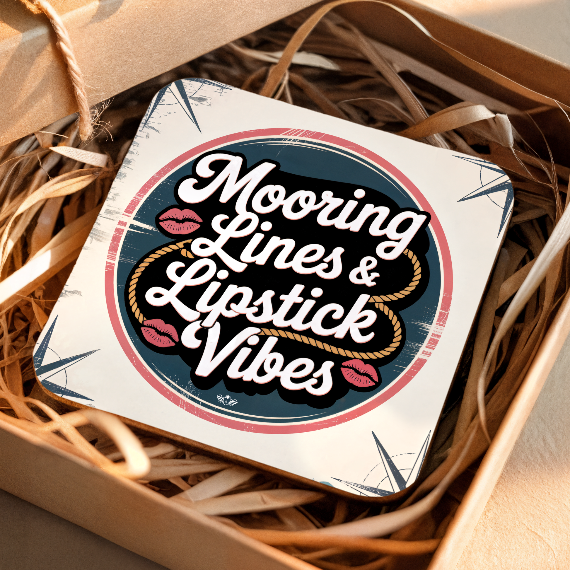 Coaster with "Moorings Lines & Lipstick Vibes" design on a textured surface