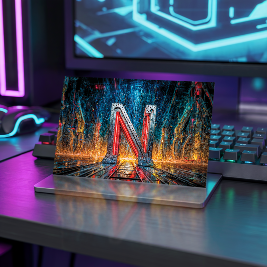 Postcard with cyberpunk design with letter N on a desk in a tech-themed room