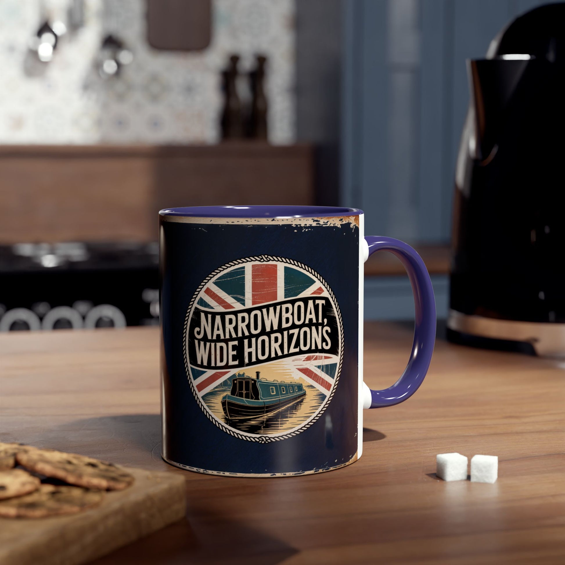 Narrowboat-themed mug with British flag design on a wooden table.