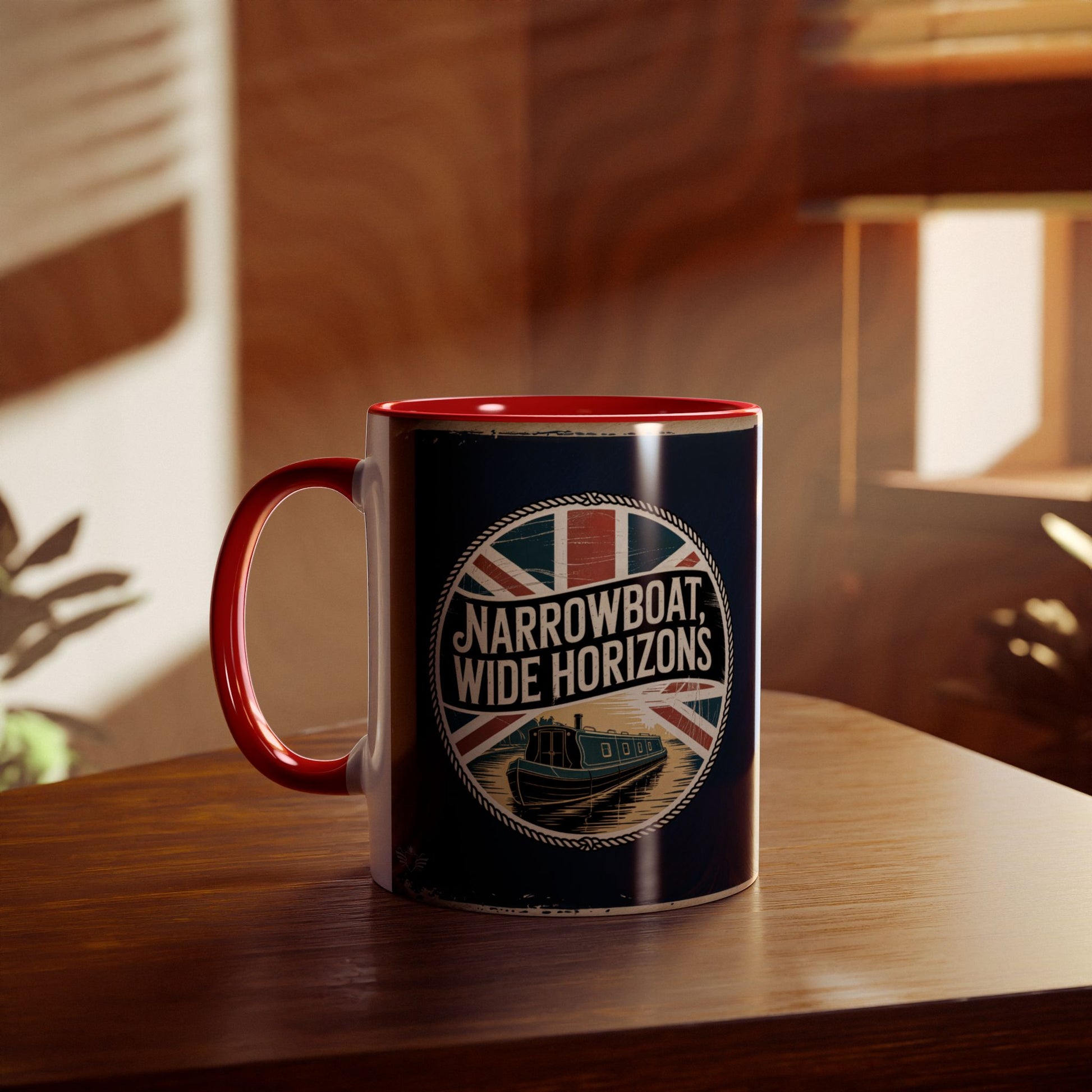 Mug with "Narrowboat Wide Horizons" design on a wooden surface