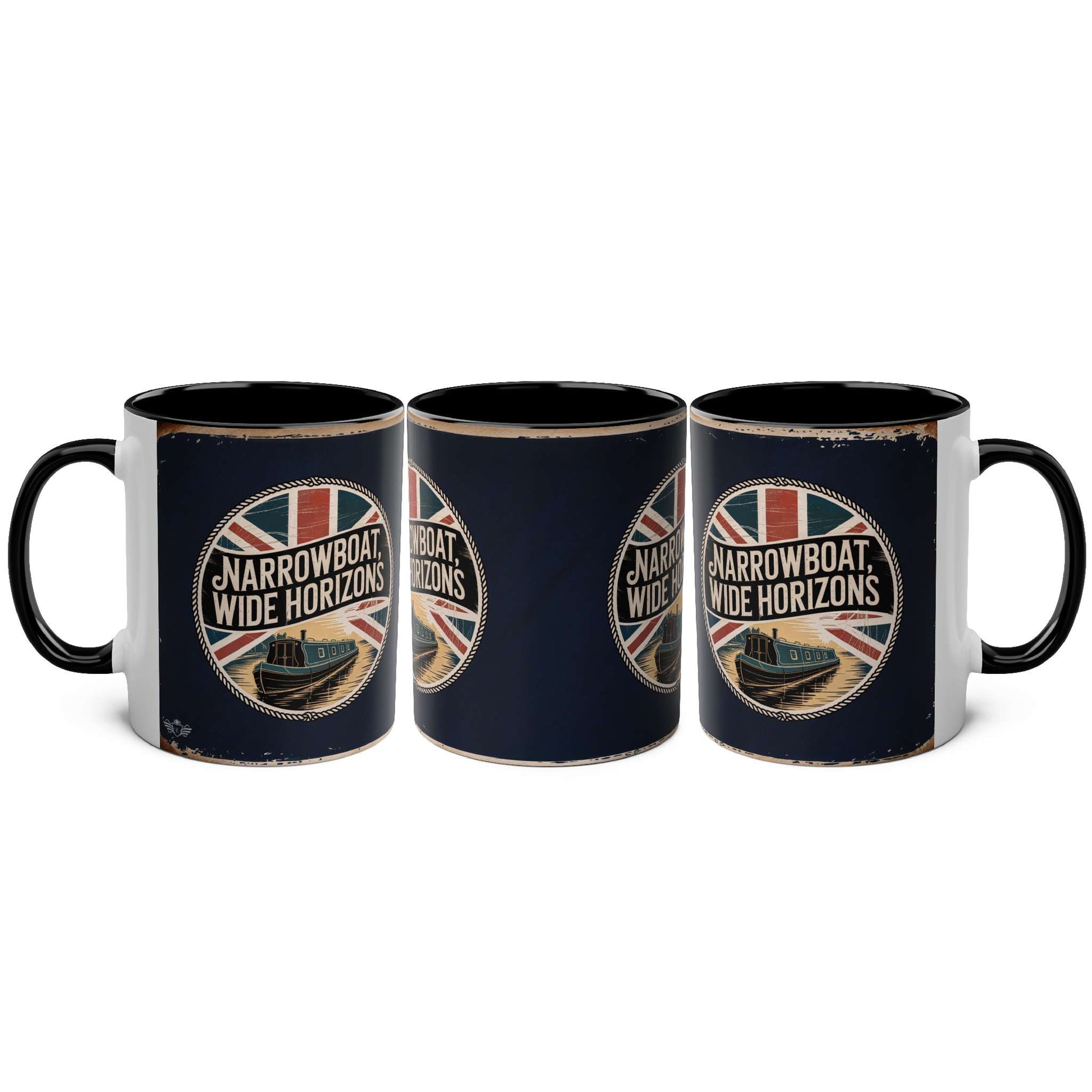 Three mugs with "Narrowboat Wide Horizons" design featuring a boat and Union Jack on a white background.