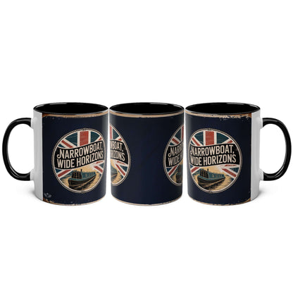 Three mugs with "Narrowboat Wide Horizons" design featuring a boat and Union Jack on a white background.