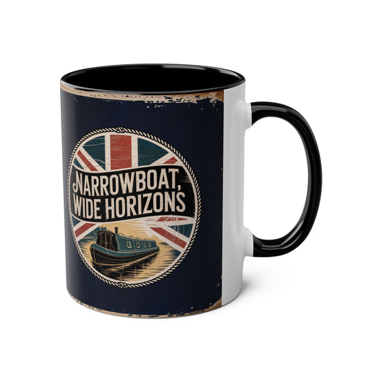 Mug with "Narrowboat, Wide Horizons" design featuring a boat and British flag on a white background