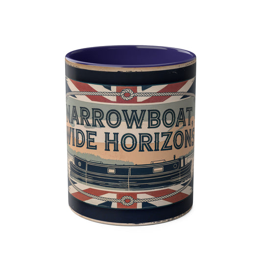 Mug with "Narrowboat, Wide Horizons" design featuring a boat and Union Jack pattern on a white background.