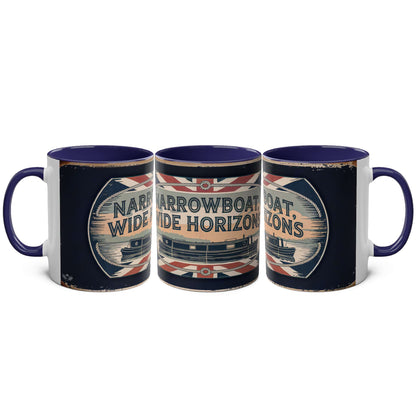 Three mugs with a design featuring text and a boat illustration on a white background