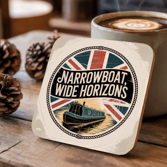 Coaster with "Narrowboat, Wide Horizons"' design on a wooden surface with a cup of coffee.
