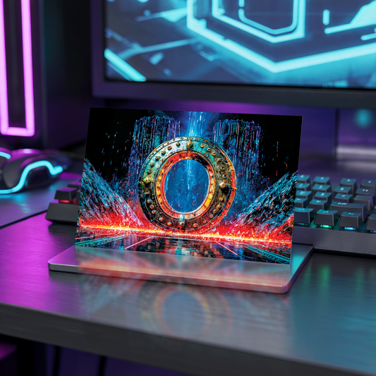 Postcard with a futuristic cyberpunk design and letter O on a desk with neon lights.
