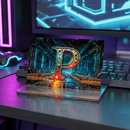 Postcard with cyberpunk design and letter 'P' on a stand with a futuristic design in a tech-themed room.