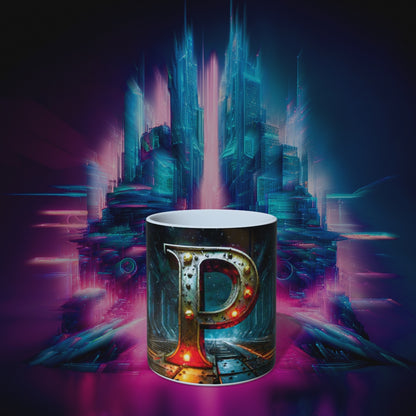 Cyberpunk Style Ceramic Mug with Letter P