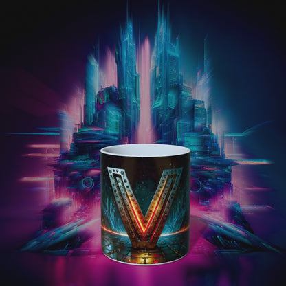 Cyberpunk Style Ceramic Mug with Letter V