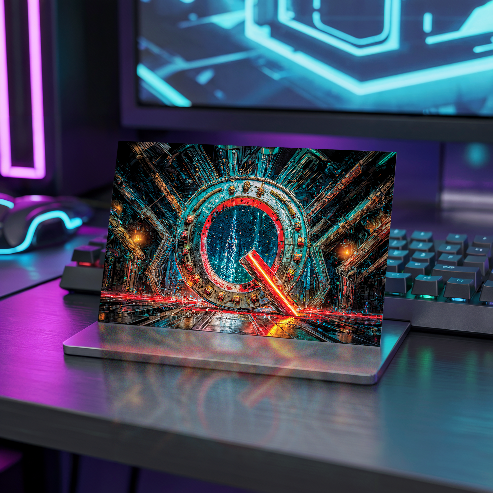 Postcard with cyberpunk design and letter Q on a table with neon lights