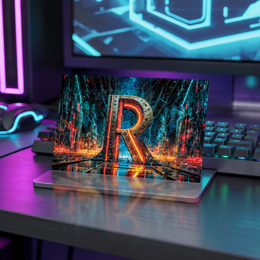 Postcard with cyberpunk design and letter R on a desk with neon lights