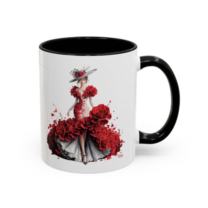 Mug with a design of a woman in a red dress made of roses on a white background