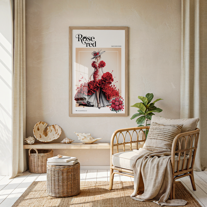 Living room with a 'Rose Red' poster on the wall, wicker chair, and decorative items.