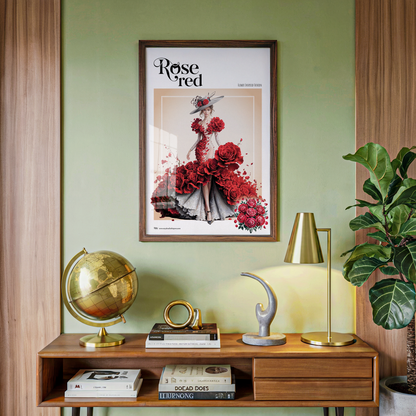 Framed artwork titled 'Rose Red' on a wall above a wooden shelf with decorative items.