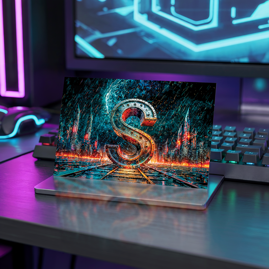 Postcard with cyberpunk design and letter S on a stand with neon lights and computer setup in the background