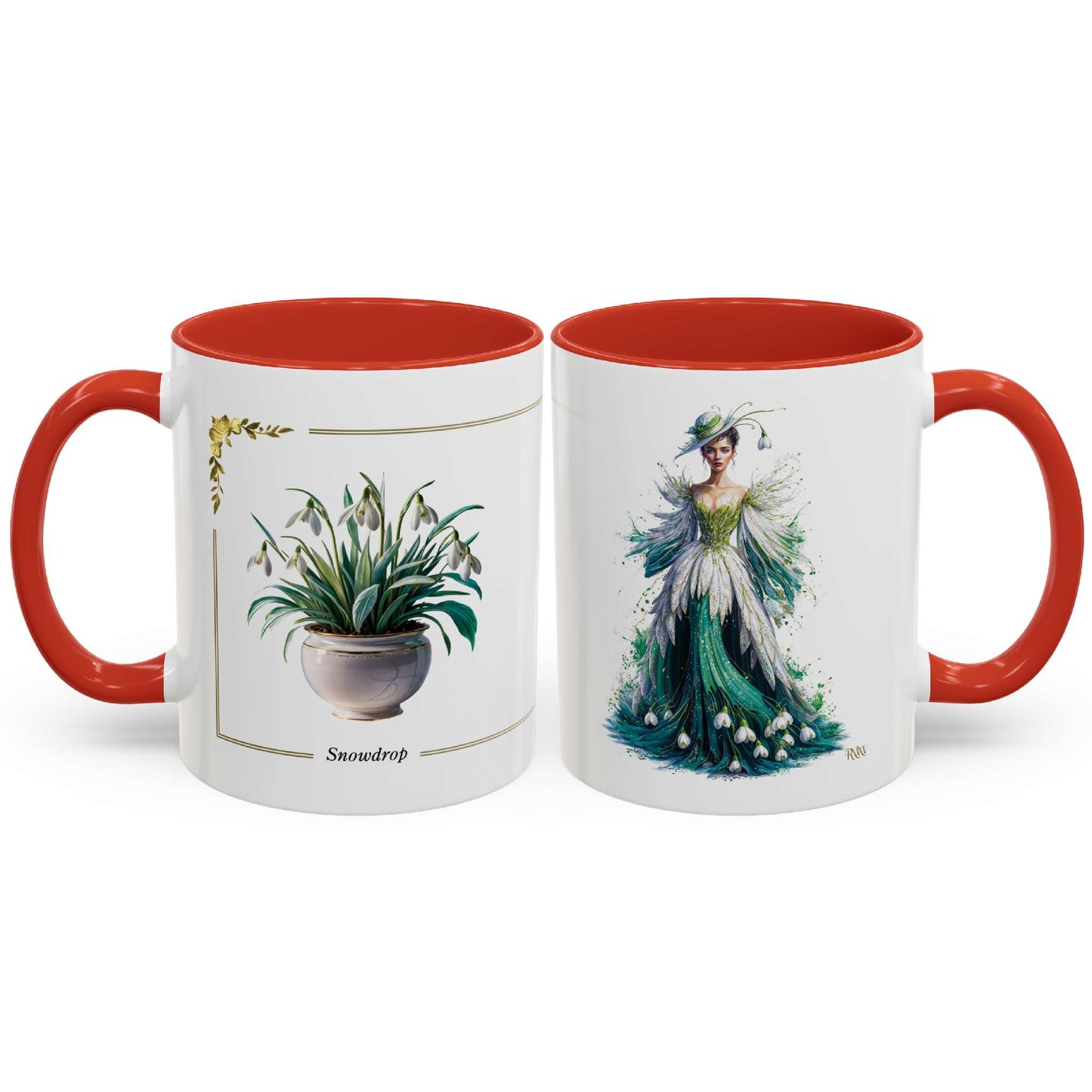 Two mugs with red interior and handle, one featuring a plant and the other a woman in a dress.