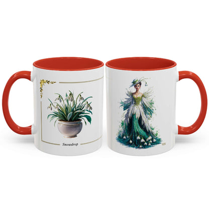 Two mugs with red interior and handle, one featuring a plant and the other a woman in a dress.