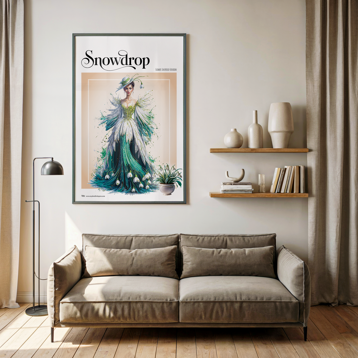 Framed artwork titled 'Snowdrop' above a beige sofa in a living room.