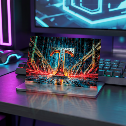 Postcard with cyberpunk design and letter T on a desk with neon lights
