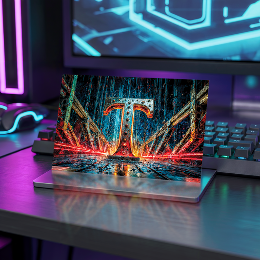 Postcard with cyberpunk design and letter T on a desk with neon lights