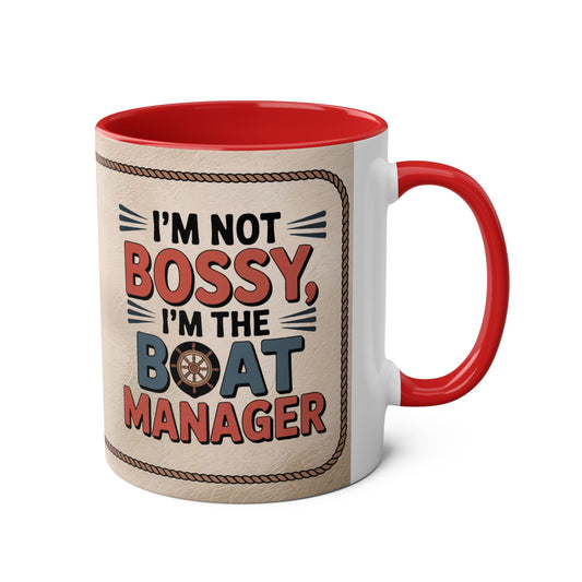 Mug with text 'I'm not bossy, I'm the boat manager' on a beige background