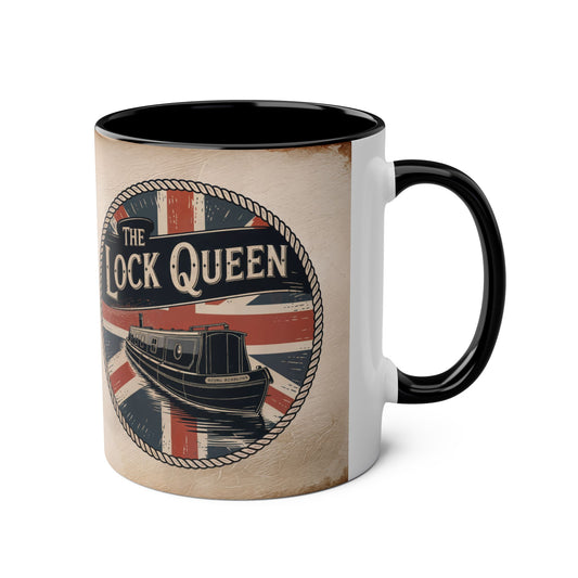 Mug with "The Lock Queen" design featuring a boat and British flag on a beige background.