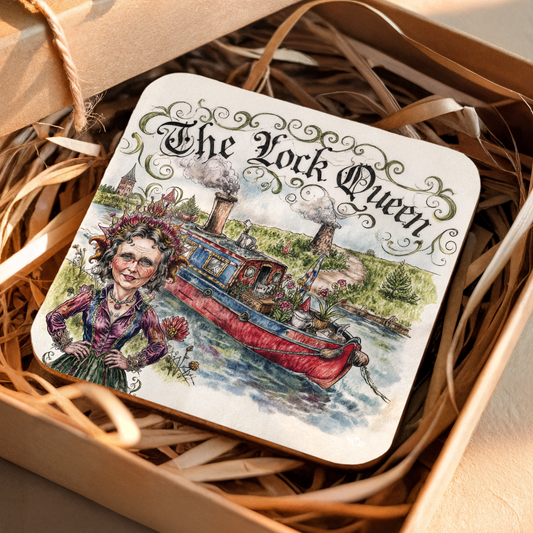 Coaster with illustration of a woman and boat titled "The Lock Queen" on a woven surface.