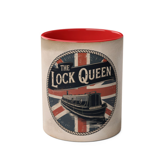 Mug with "The Lock Queen" design featuring a boat and British flag on a white background