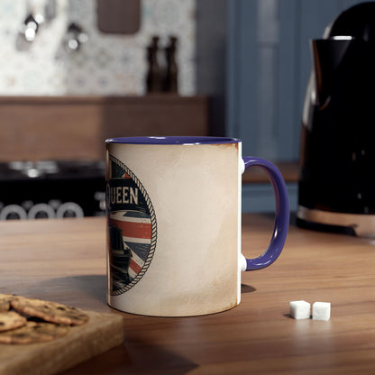 Mug with a boat design on a wooden table with cookies and sugar cubes