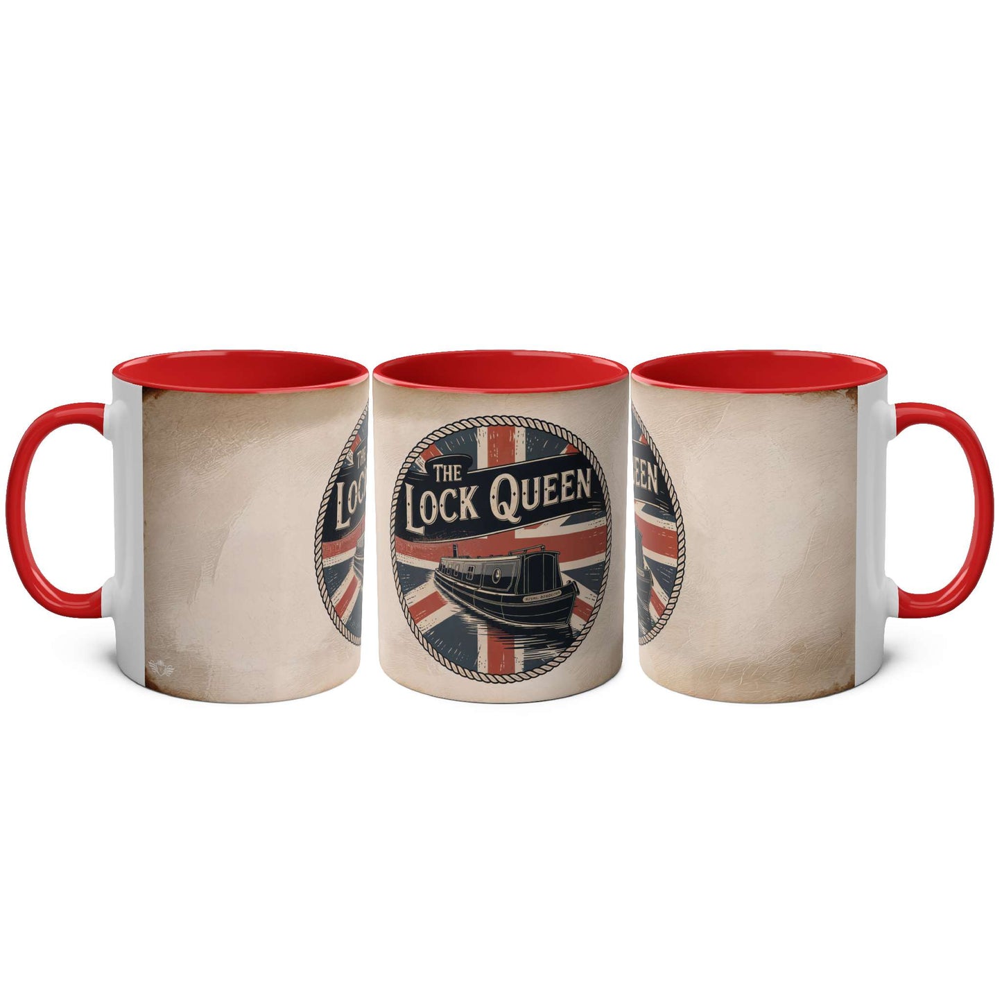 Three mugs with "The Lock Queen" design featuring a British flag on a white background.