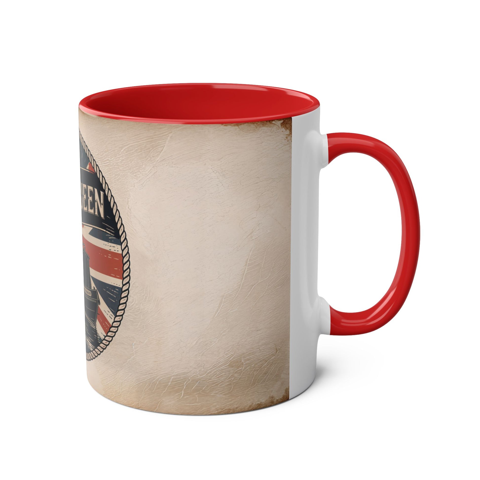Mug with red interior and handle, featuring a Union Jack design on a white background