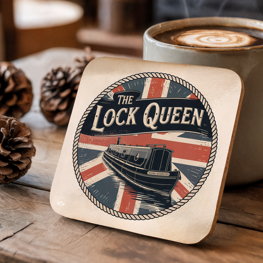 Coaster with "The Lock Queen" design featuring a boat and British flag, placed on a wooden surface with a cup of coffee.