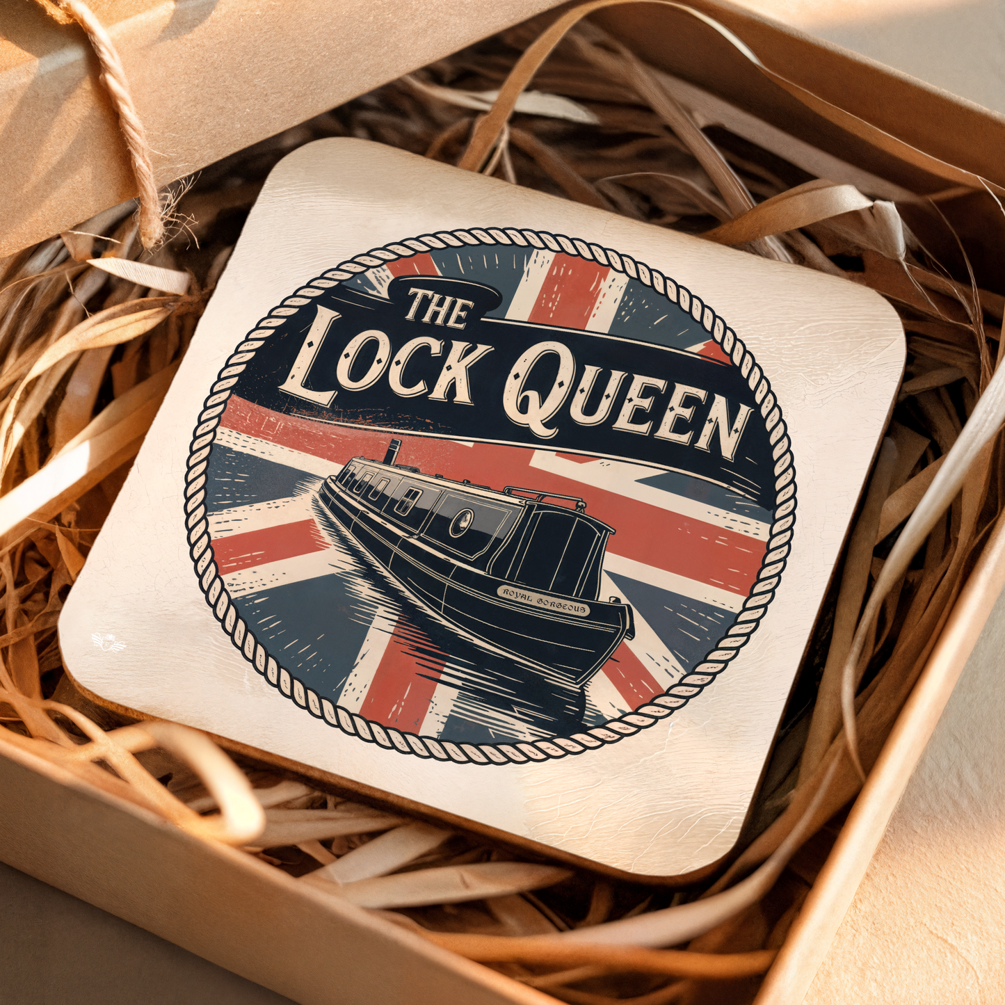 Coaster with "The Lock Queen" design featuring a boat and British flag on a woven surface.