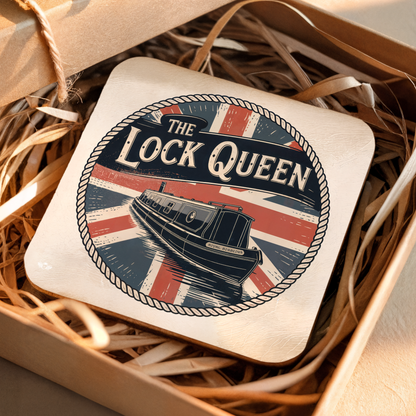 Coaster with "The Lock Queen" design featuring a boat and British flag on a woven surface.