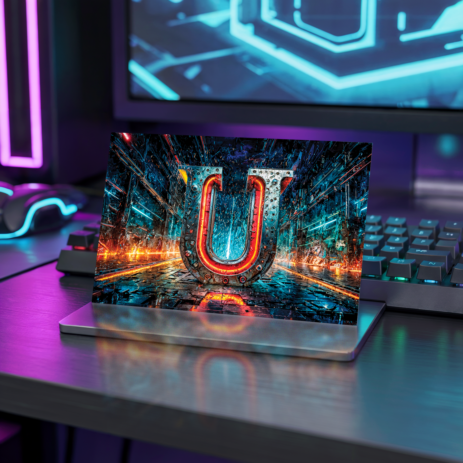 Postcard with cyberpunk design and letter U on a table with neon lights