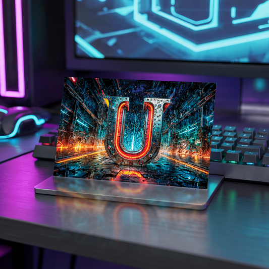 Postcard with cyberpunk design and letter U on a table with neon lights