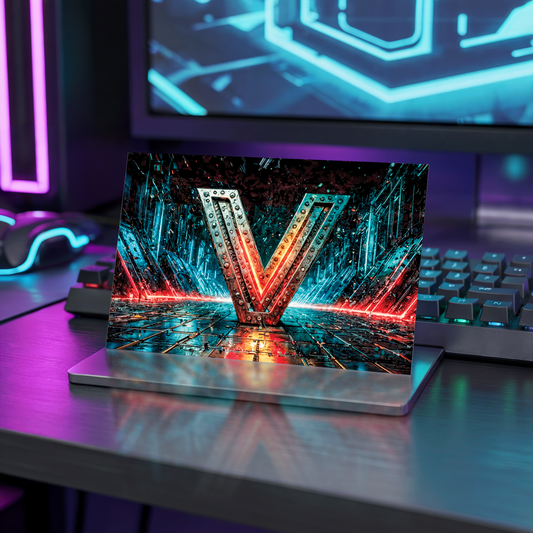 Postcard with cyberpunk design and letter V on a desk with neon lights