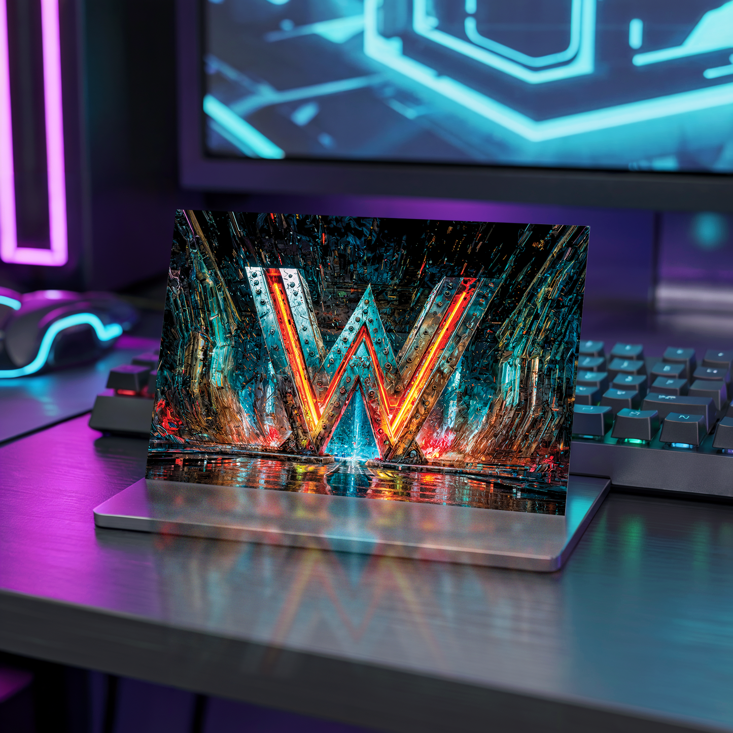 Postcard with cyberpunk design and letter W on a table with neon lights