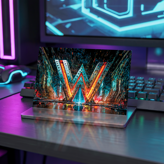 Postcard with cyberpunk design and letter W on a table with neon lights