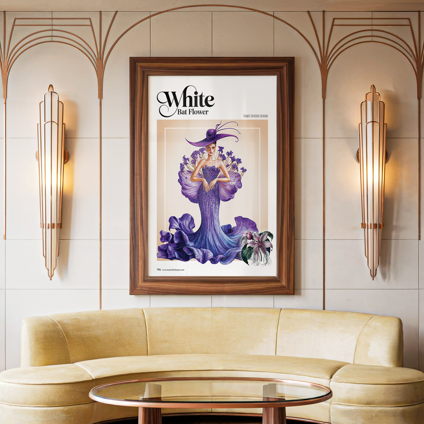 Framed artwork of a woman in a purple dress with flowers on a wall above a beige sofa.