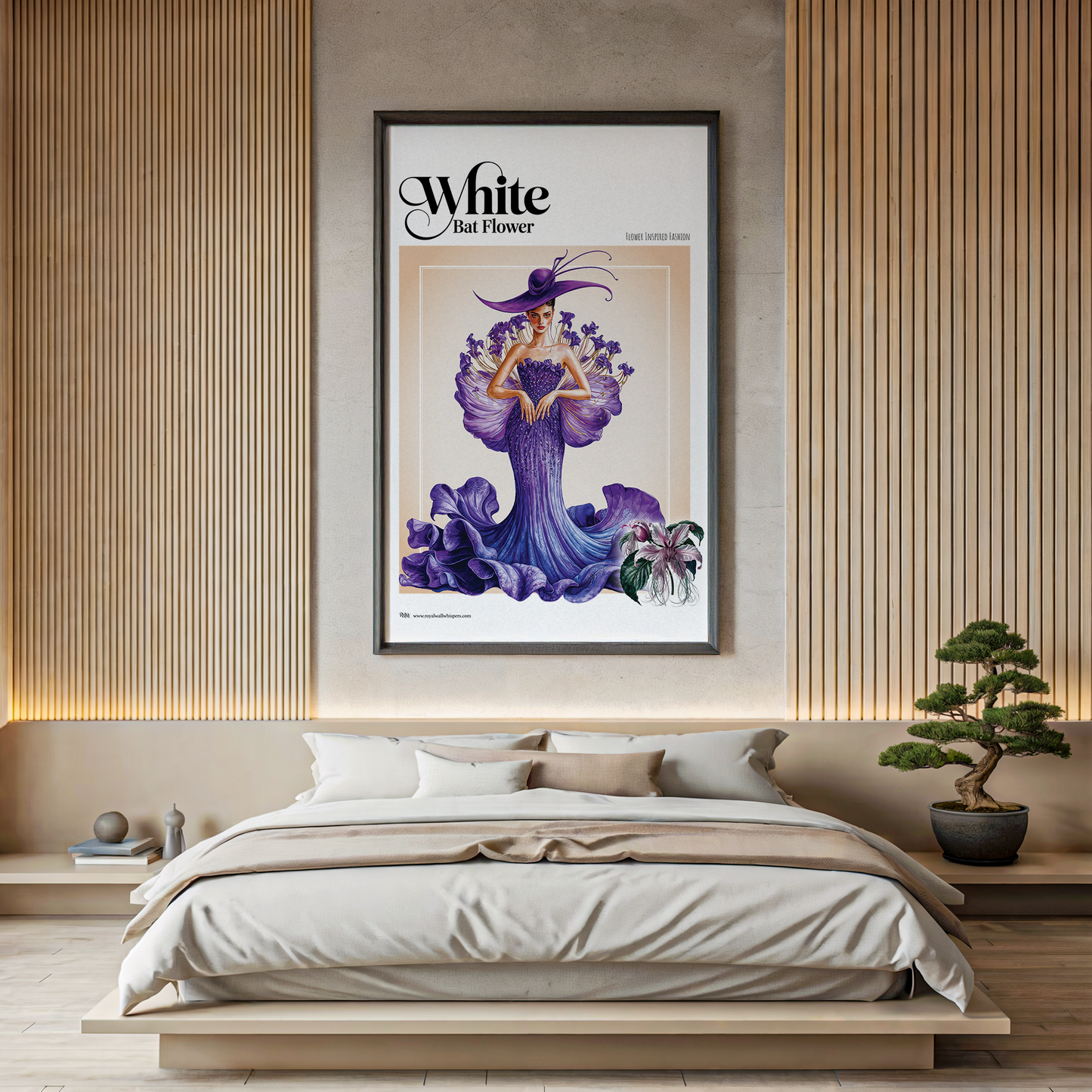 Framed artwork of a woman in a purple dress with flowers in a bedroom setting.