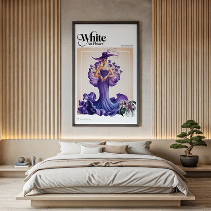 Framed artwork of a woman in a purple dress with flowers in a bedroom setting.