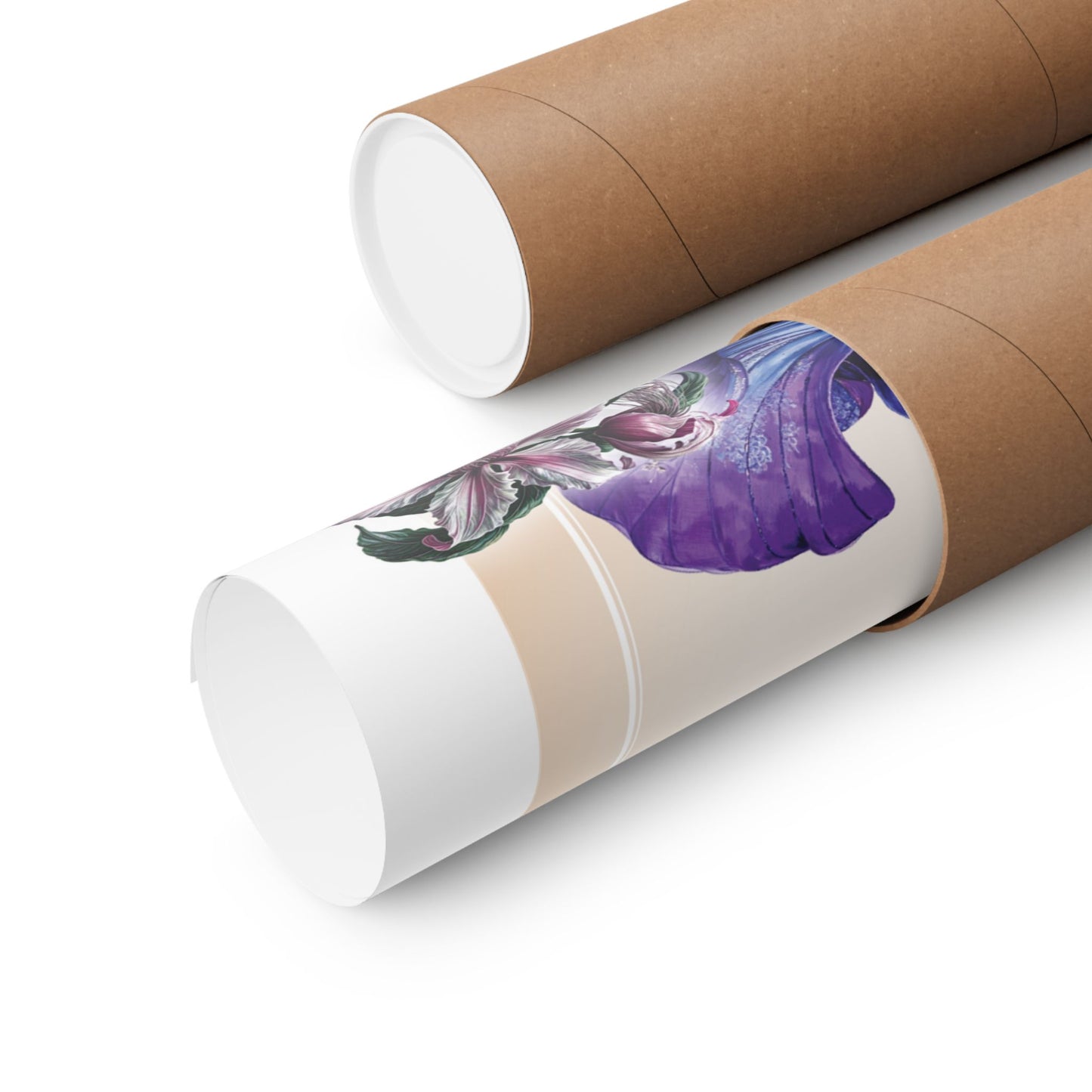 Rolled poster in a tube on a white background