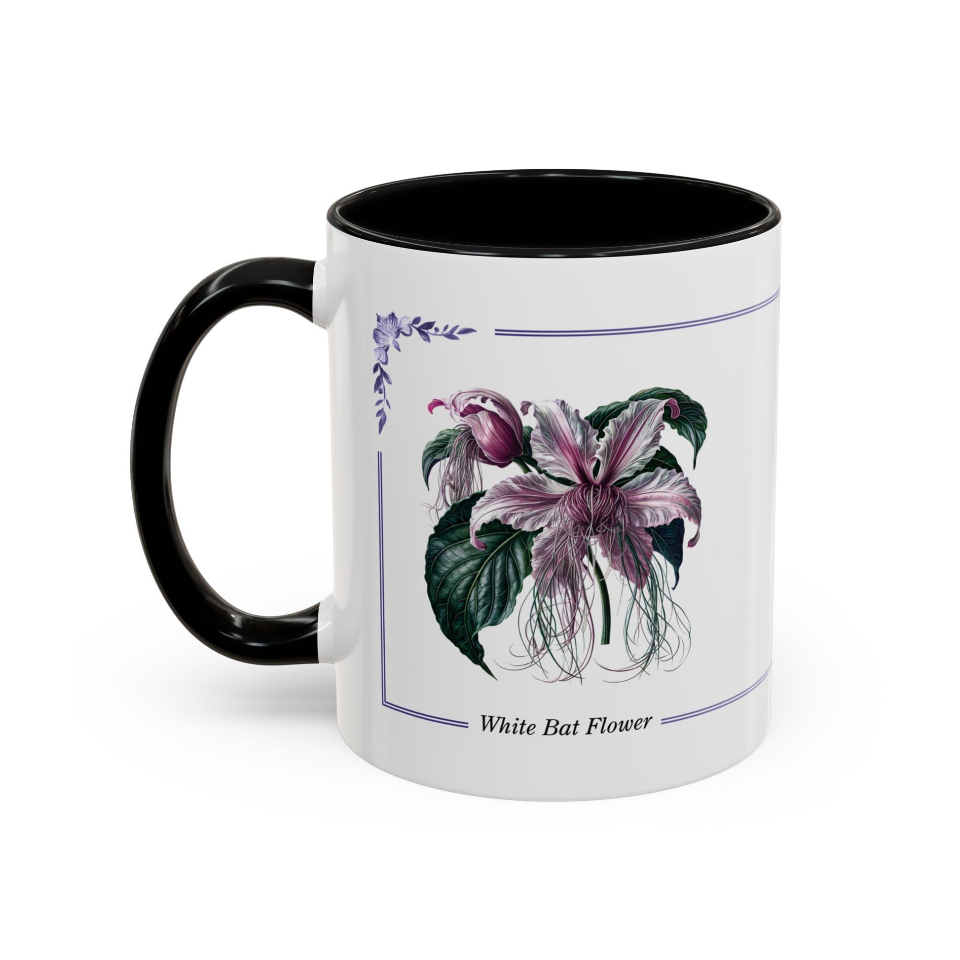 Mug with a white bat flower design on a white background
