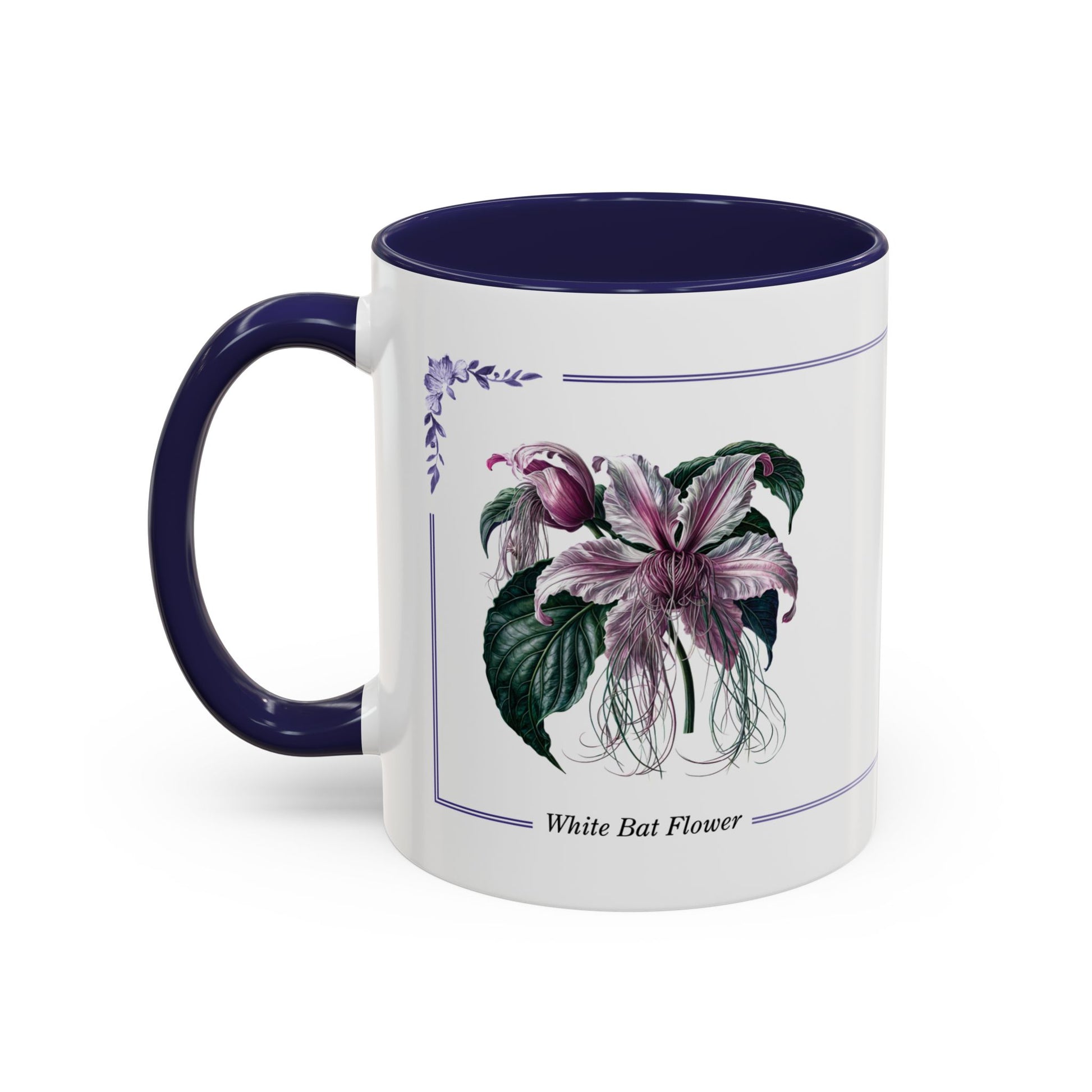 Mug with floral design and "White Bat Flower" text on a white background