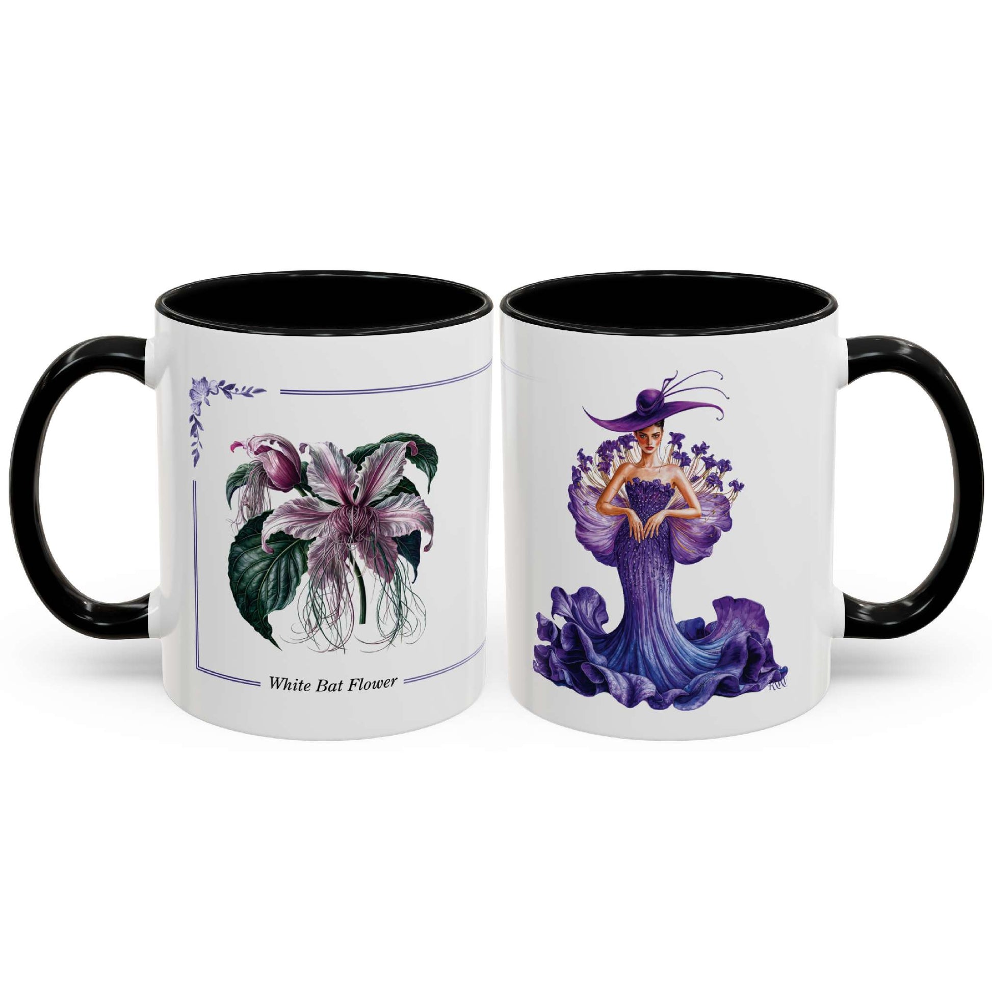 Two mugs with artistic designs of a flower and a woman on a white background