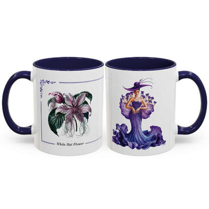 Two mugs with artistic designs of a flower and a woman in a purple dress on a white background.