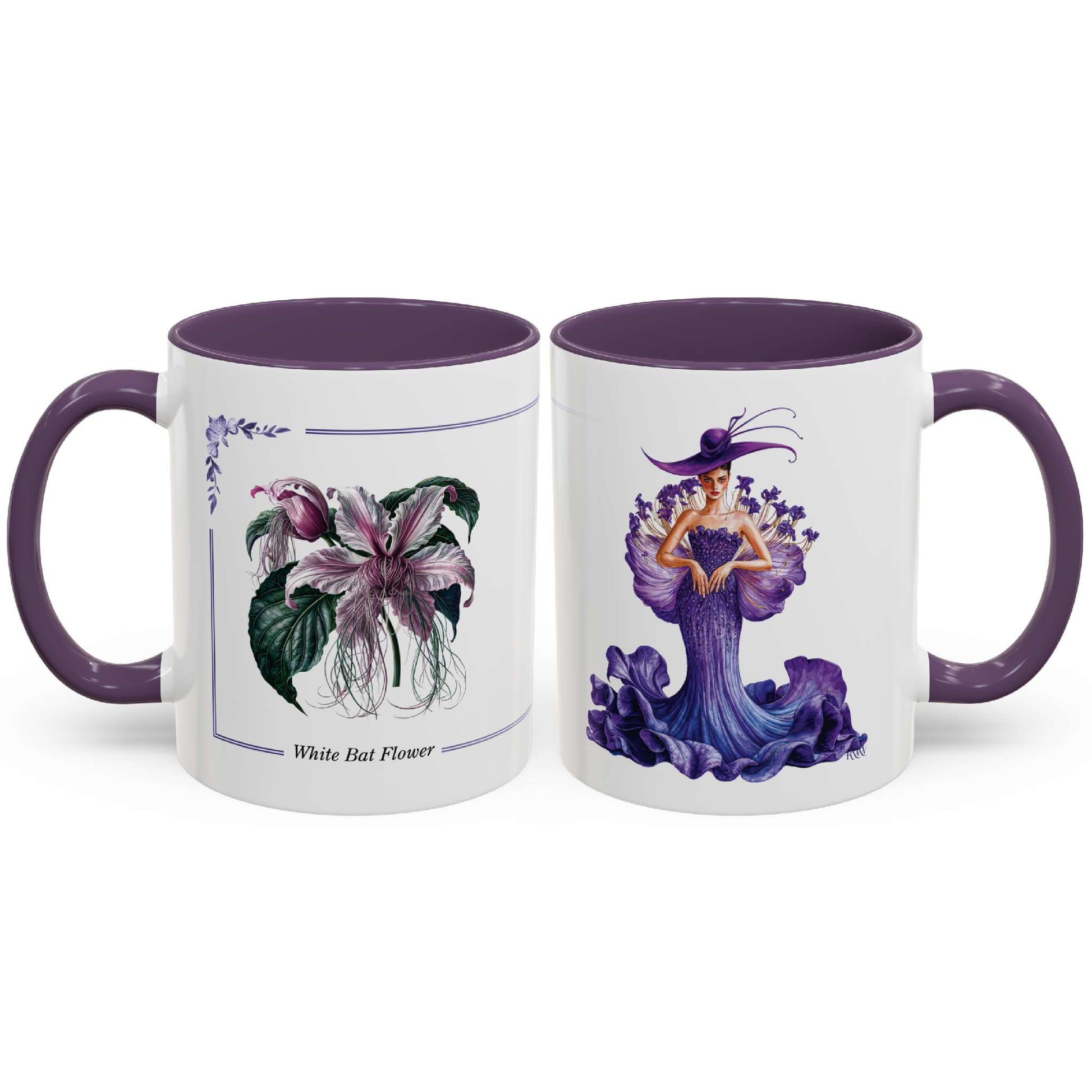 Two mugs with artistic designs of a flower and a figure in a purple dress on a white background.