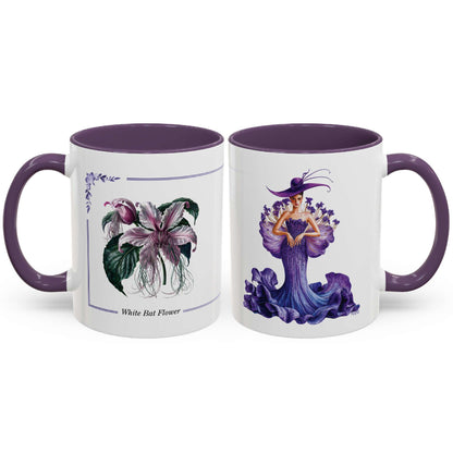 Two mugs with artistic designs of a flower and a figure in a purple dress on a white background.